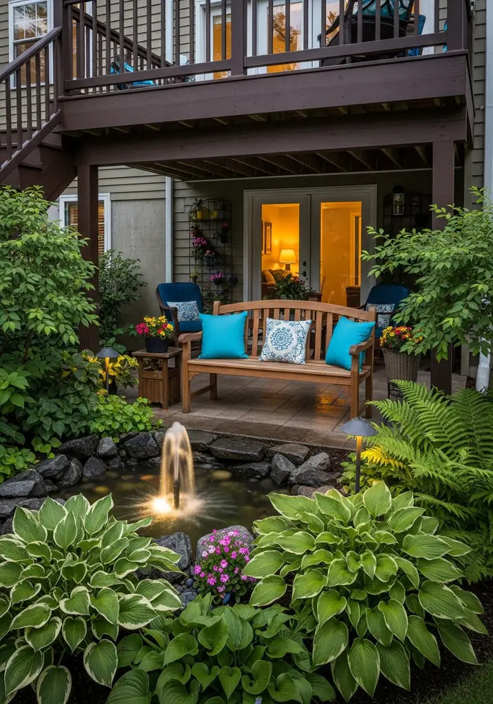 Under-deck garden retreat with fountain and shade plants