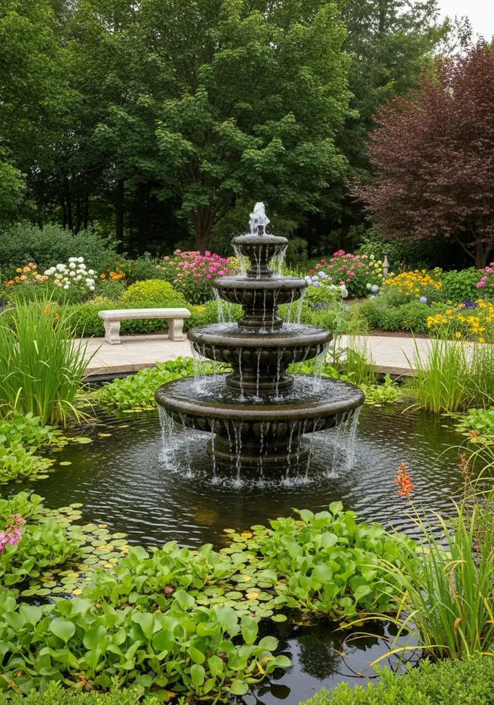 Tranquil garden with stone fountain and lush greenery
