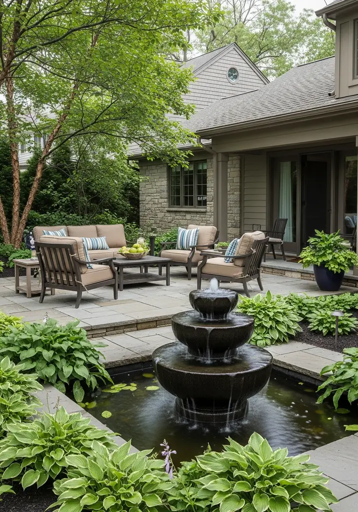 Tiered stone fountain in a serene garden with lush plants