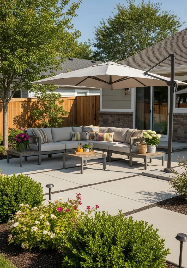 Shaded patio oasis with sectional sofa and umbrella