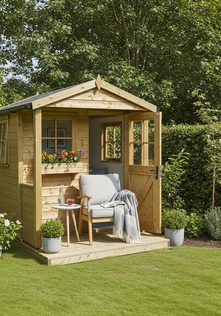 Charming she-shed with a small attached patio and garden furniture
