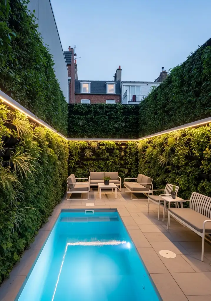 Sleek urban outdoor living space with a plunge pool, vertical gardens, and privacy walls.