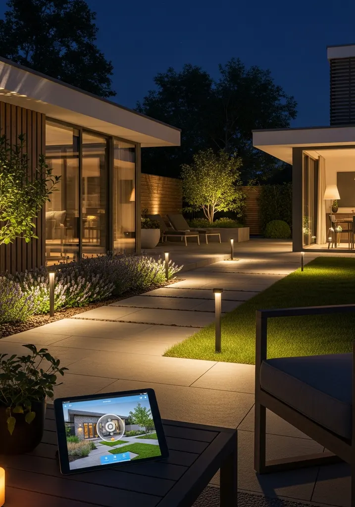 Smart home integrated backyard with automated lighting and audio.