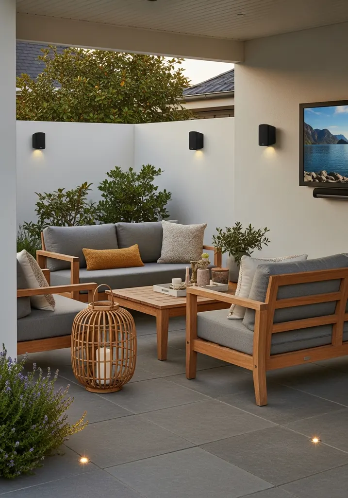 Modern outdoor patio with integrated smart speakers, lighting, and TV