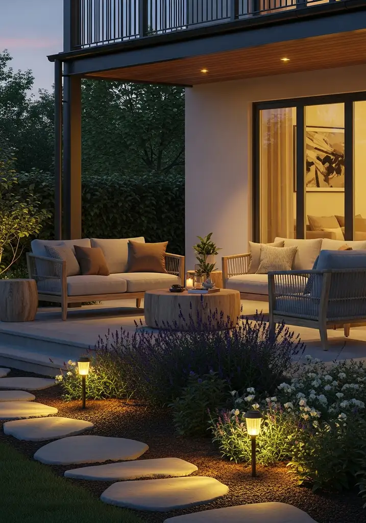 Garden path illuminated by discreet solar-powered stake lights.