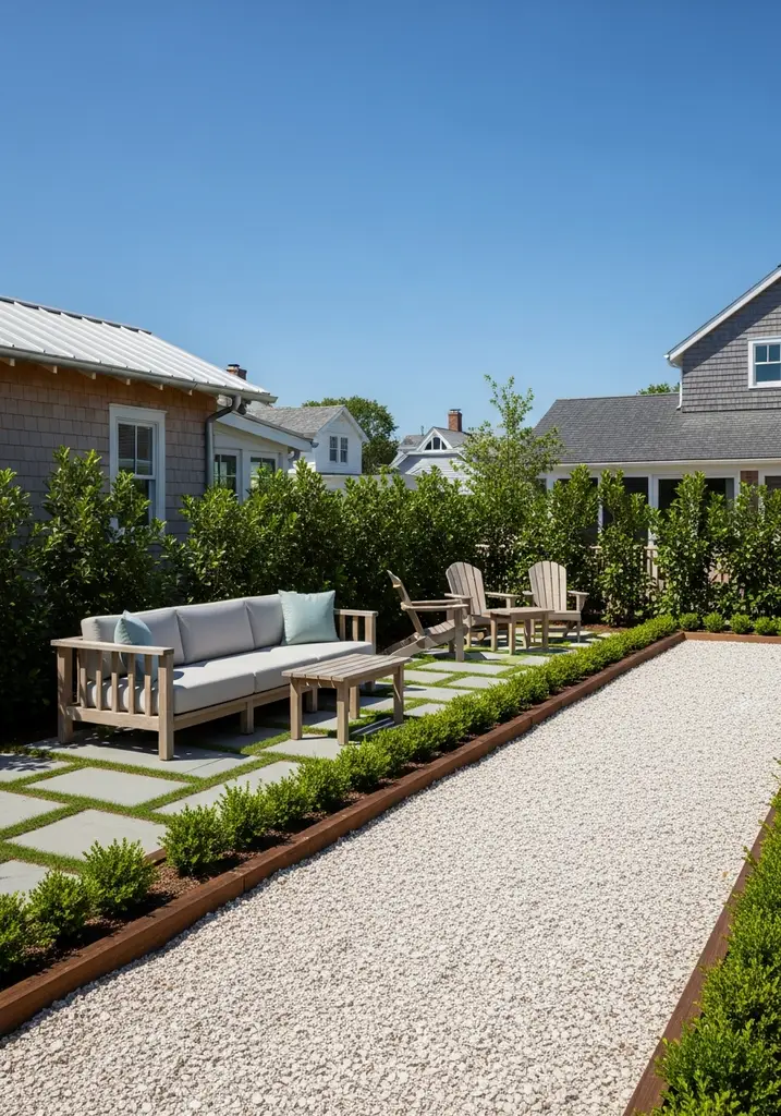 Outdoor bocce ball sport court with seating.