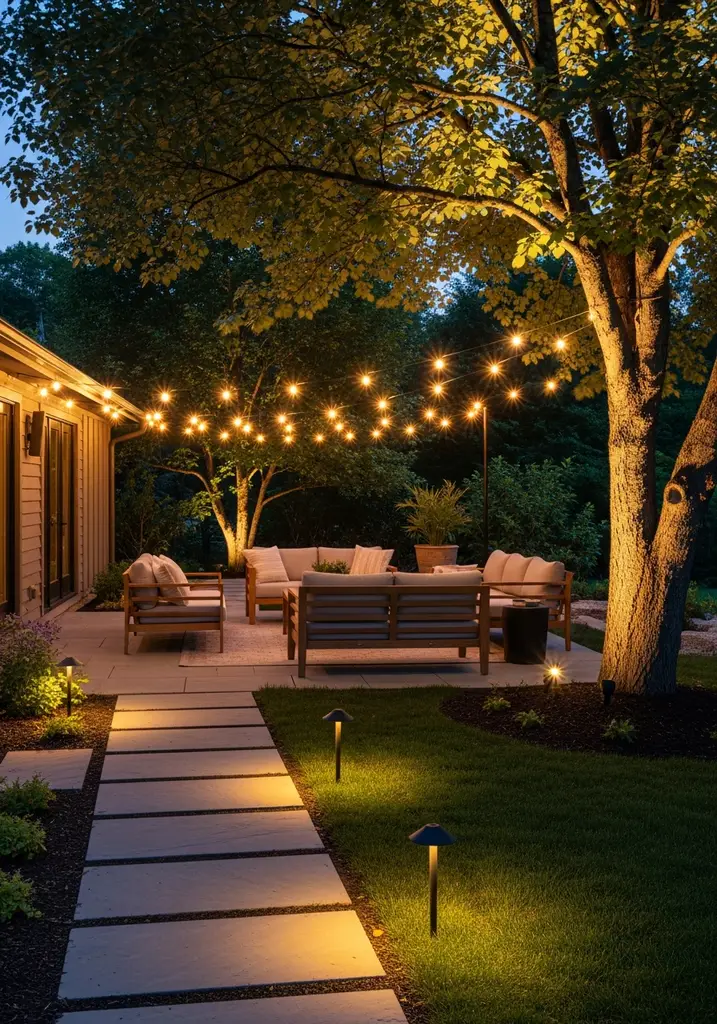 Strategically lit outdoor patio with string lights, path lights, and uplighting