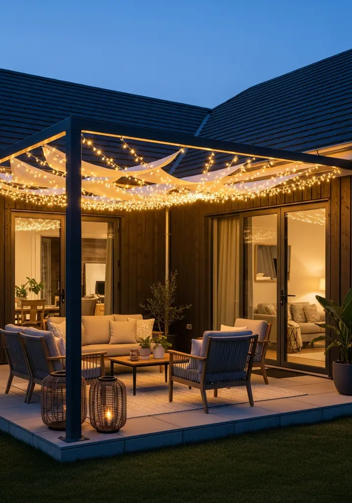 Outdoor patio illuminated by a charming canopy of LED string lights.