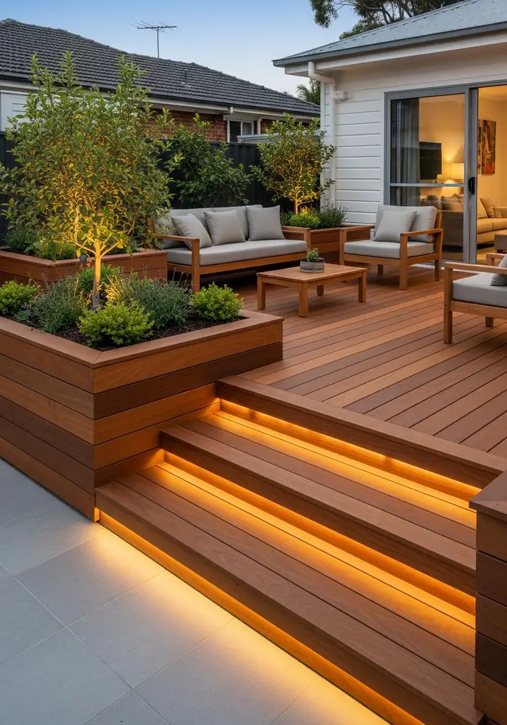 Multi-level Ipe wood deck with built-in seating and planters