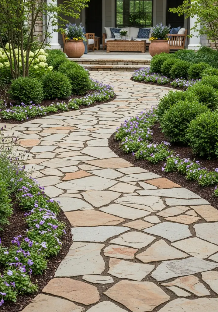 Winding garden pathway made of natural stone pavers and bordered by plants