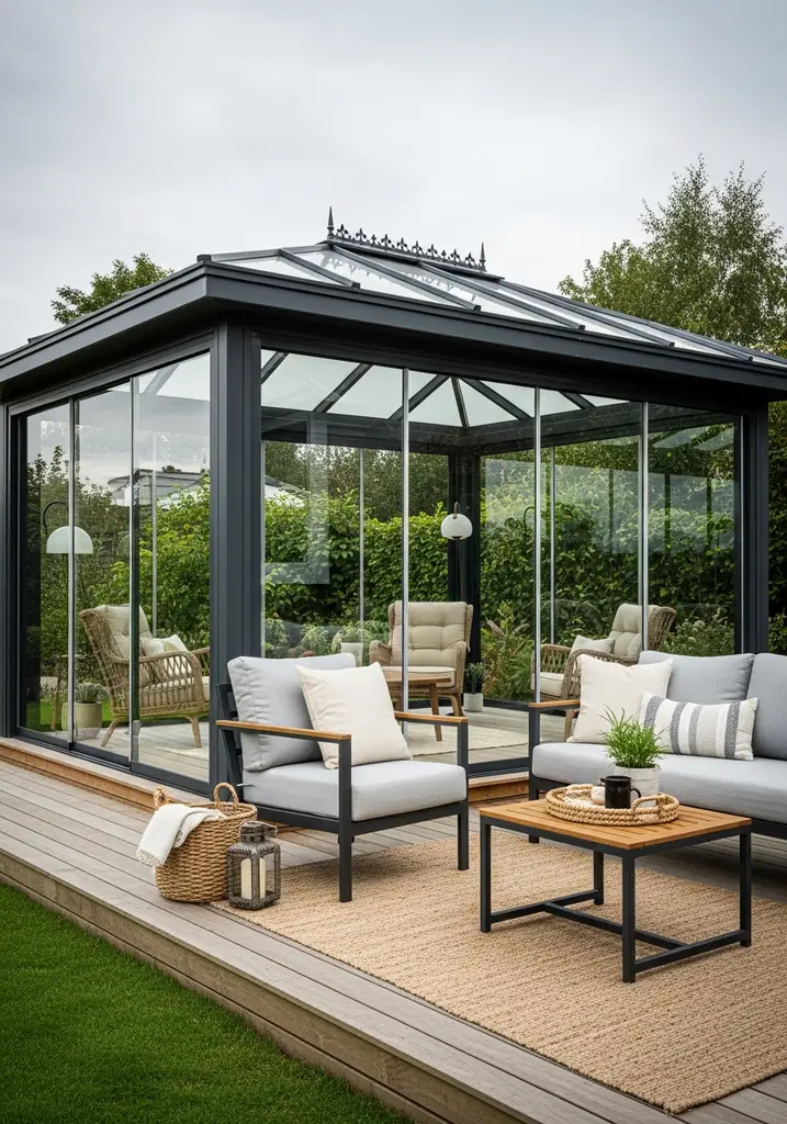 Modern sunroom gazebo with glass walls on a deck