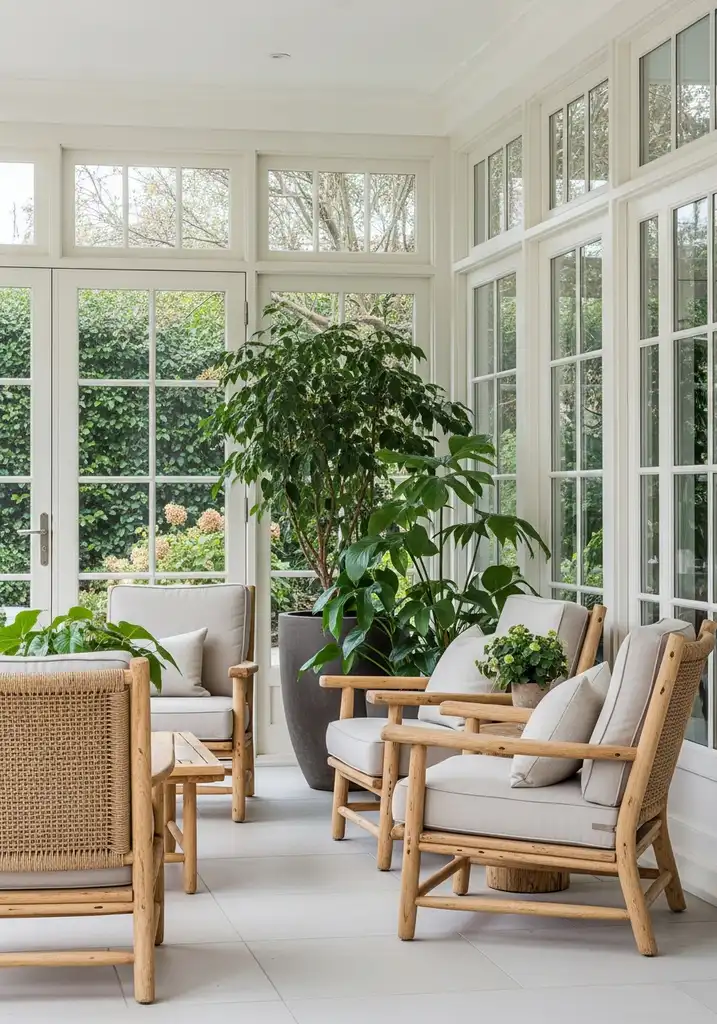 Bright sunroom with large windows and indoor plants
