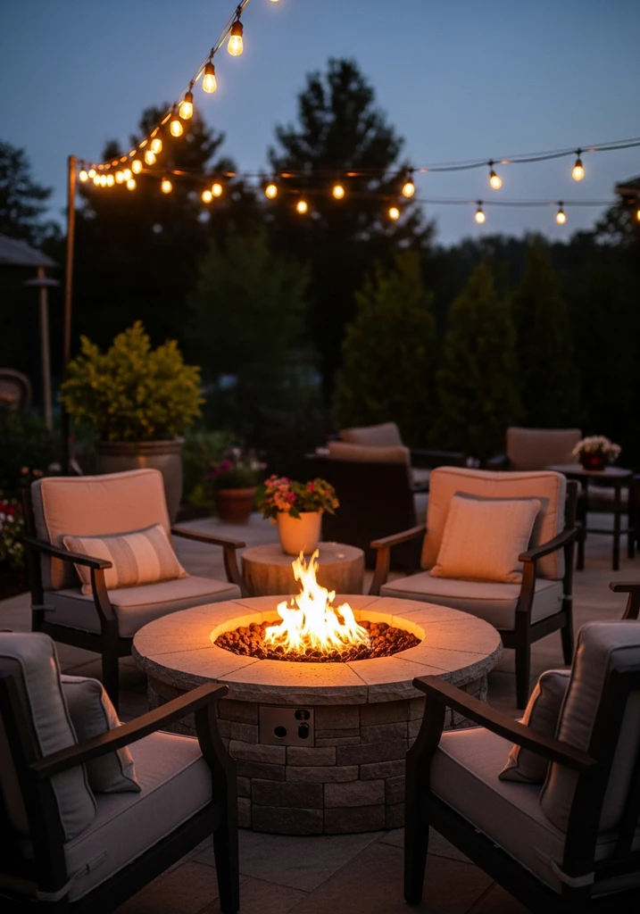 Cozy fire pit lounge with stone fire pit and comfortable seating