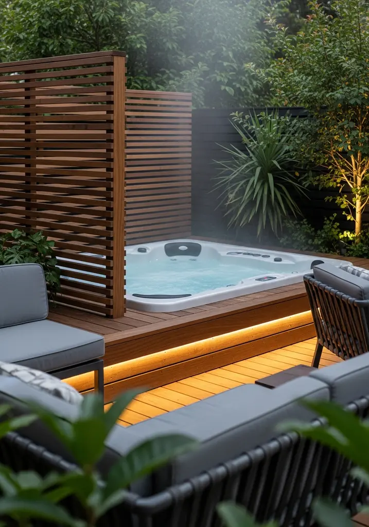 Hot tub sanctuary on a wooden deck with privacy screen