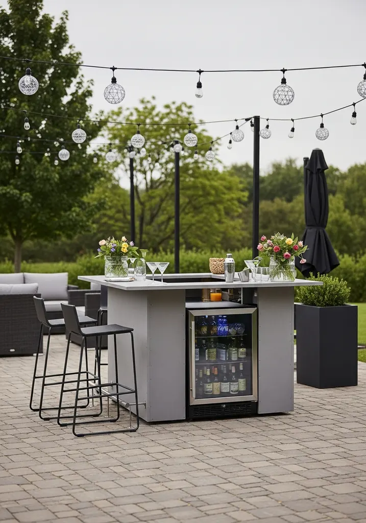 Outdoor bar with built-in counter and bar stools