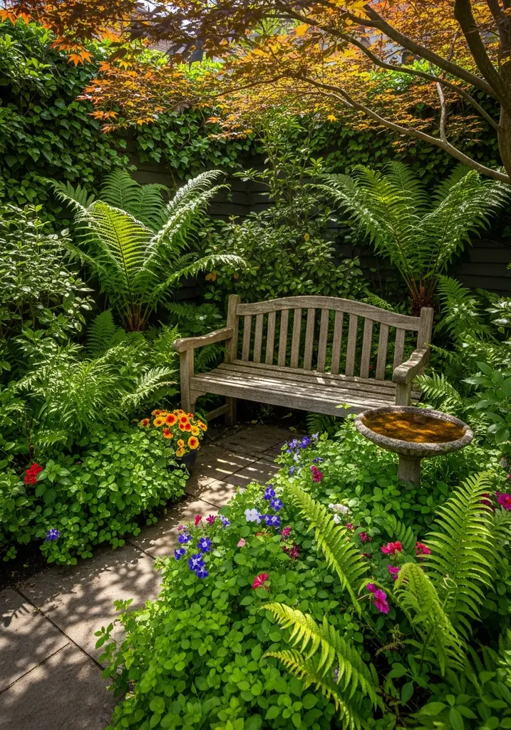 Serene garden nook with wooden bench and lush plants
