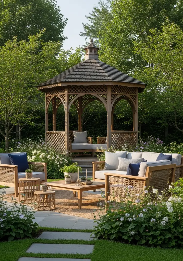 Classic wooden gazebo with lattice, set in a peaceful garden