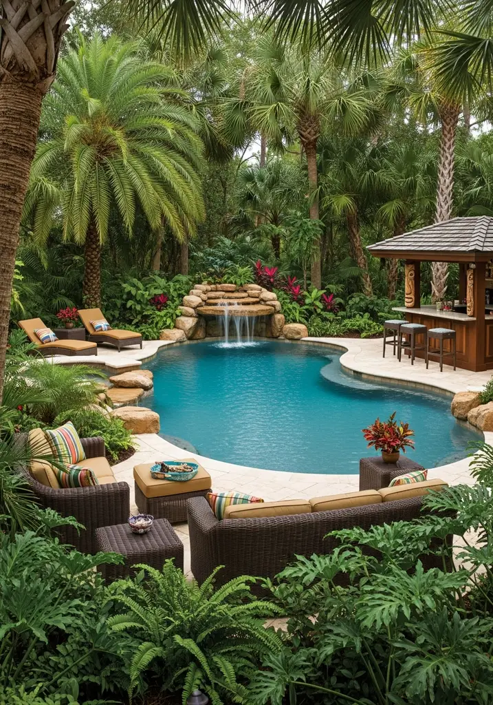 Tropical resort outdoor living space with a freeform pool, rock waterfall, and lush exotic plants.