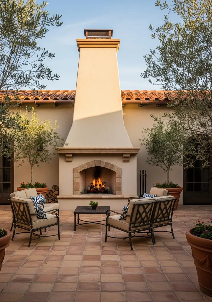 Tuscan-inspired courtyard with stucco fireplace and terra cotta tiles