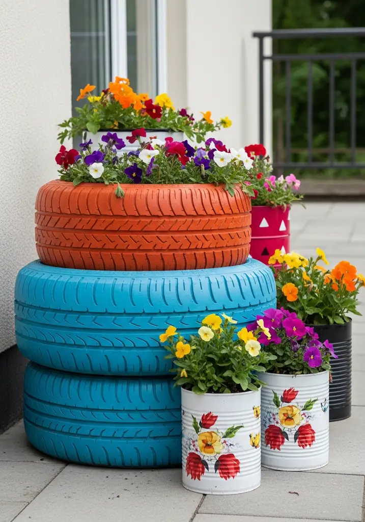 Creative upcycled planters made from various repurposed household items.