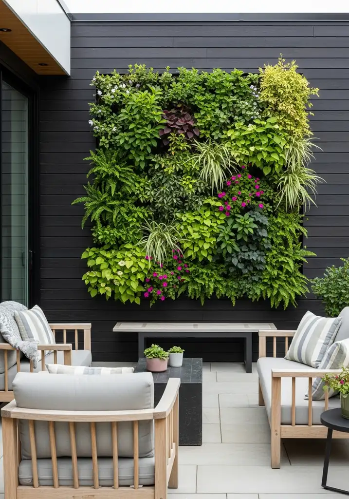 Vibrant vertical garden on a patio wall with various plants