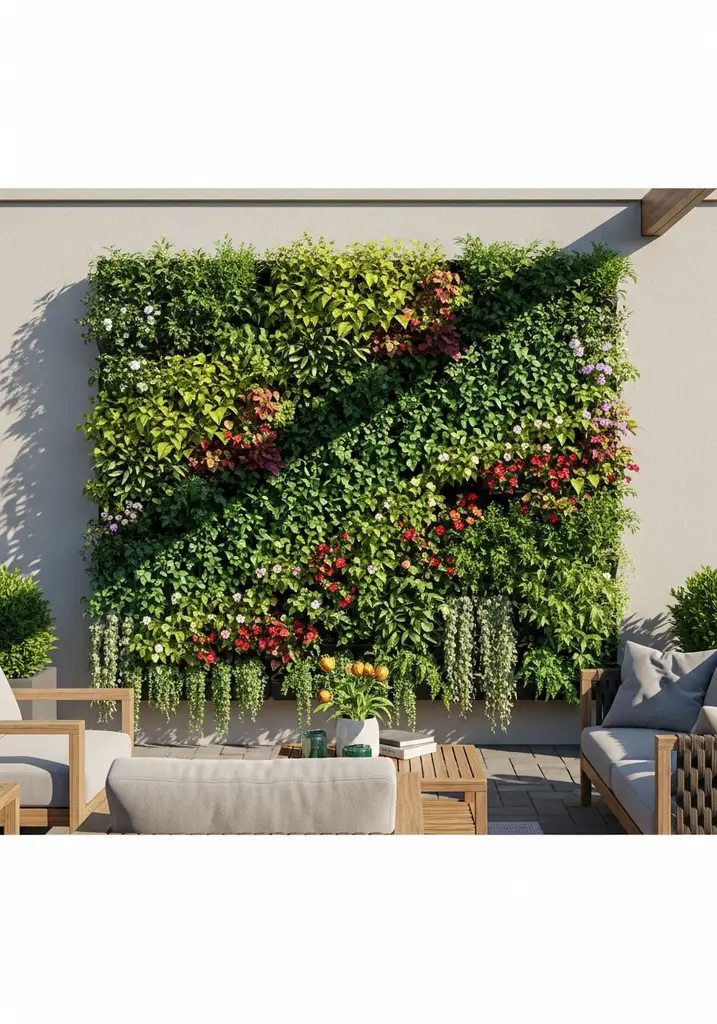Vibrant vertical garden wall with mixed plants