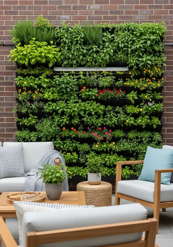 Vertical garden wall with various plants and flowers