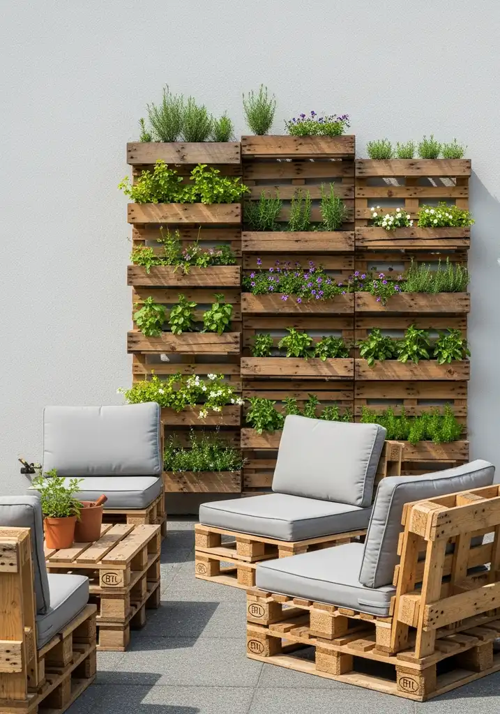Vertical garden made from repurposed pallets with thriving plants.