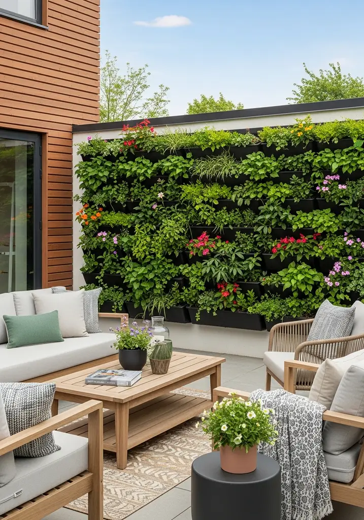 Lush vertical garden on an outdoor wall with various plants
