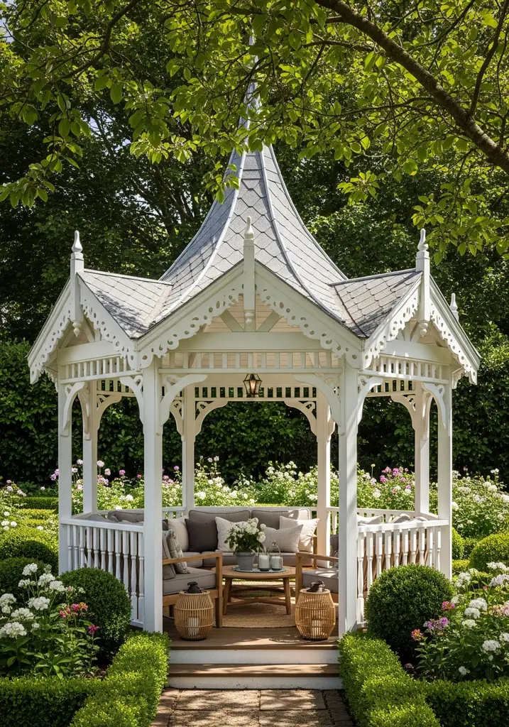 Ornate white Victorian gazebo in a formal flower garden