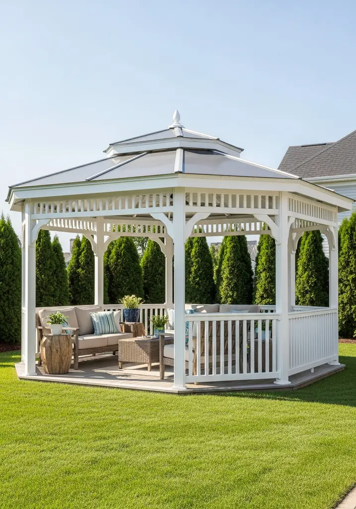 White vinyl gazebo on a green lawn, low maintenance