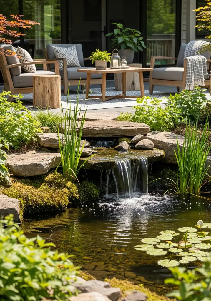 Tranquil backyard water feature with a waterfall and lush plants