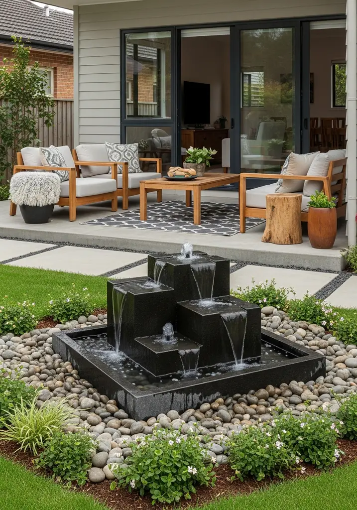 Modern tiered stone water fountain in a serene garden setting