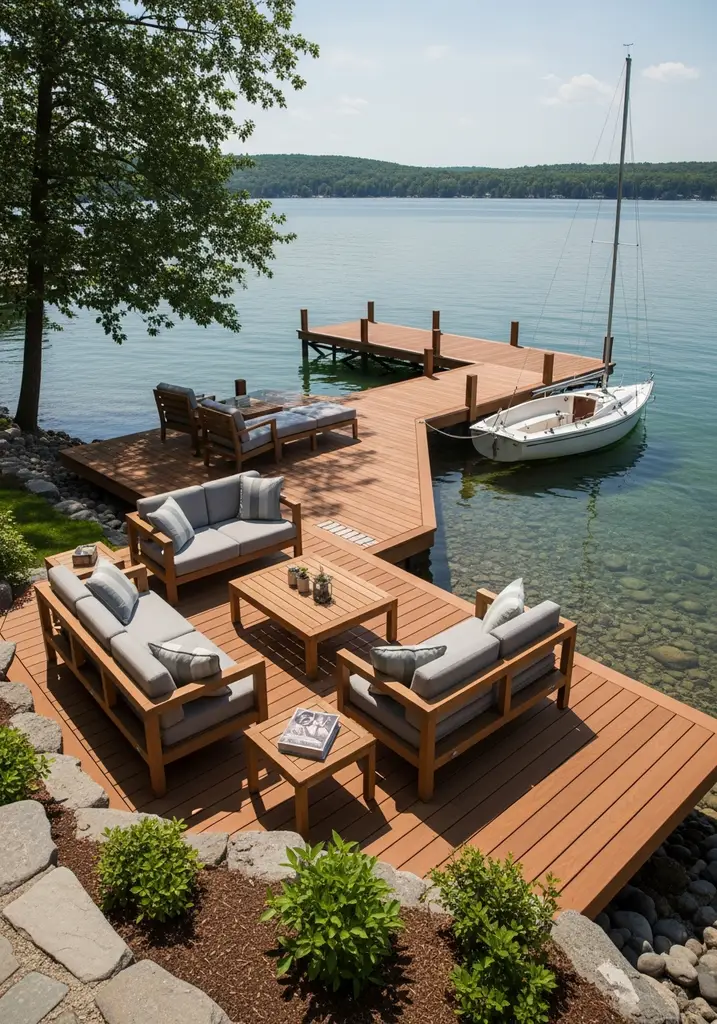 Waterfront dock and deck with lounge area and lake view.