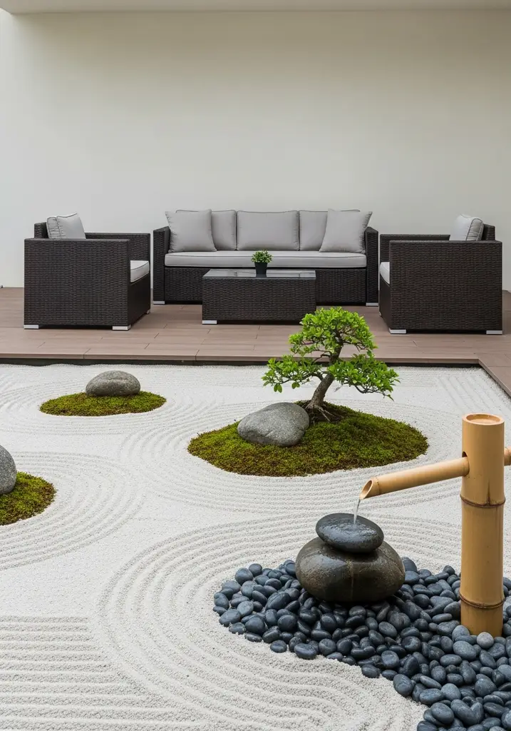 Tranquil Zen garden with raked sand and water feature.