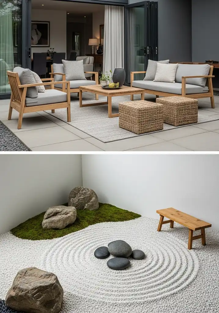 Tranquil Zen garden with raked gravel and river stones