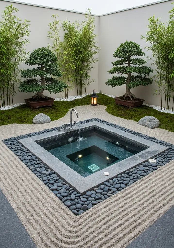 Zen garden spa outdoor living space with a hot tub, river stones, and minimalist landscaping.