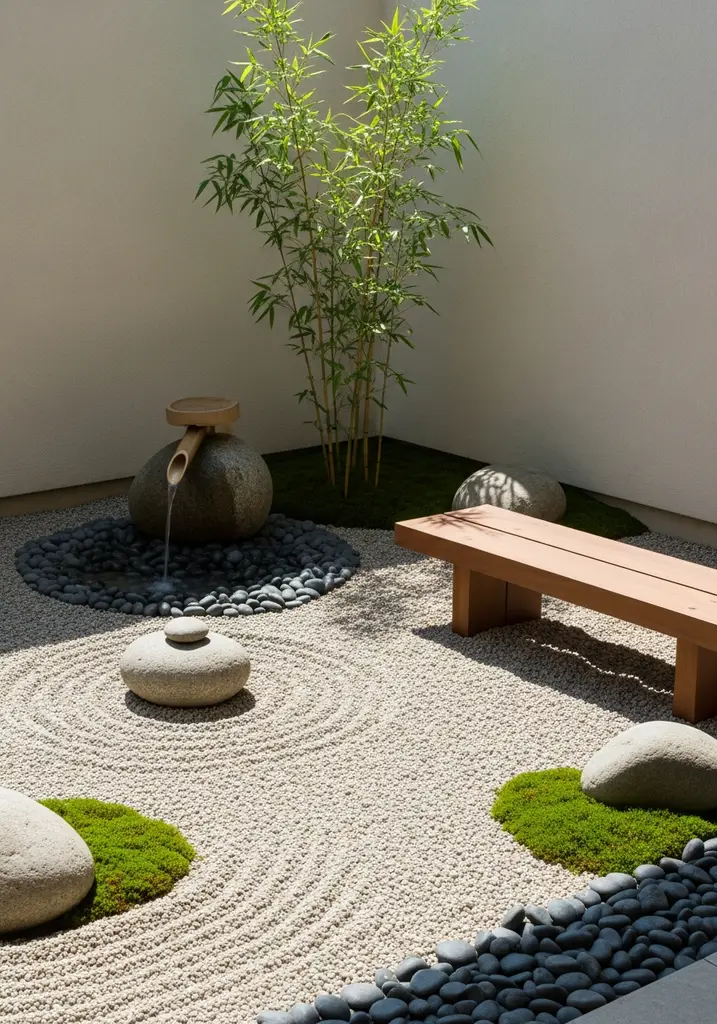 Minimalist Zen meditation corner with river stones and bamboo fountain