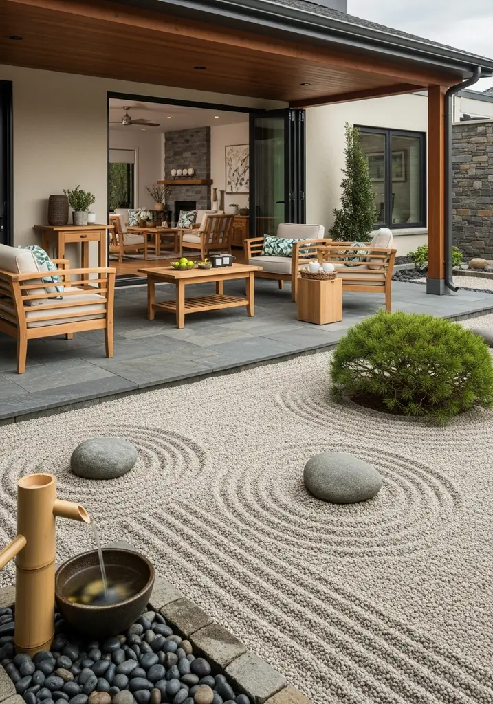 Zen meditation garden with raked gravel and bamboo fountain